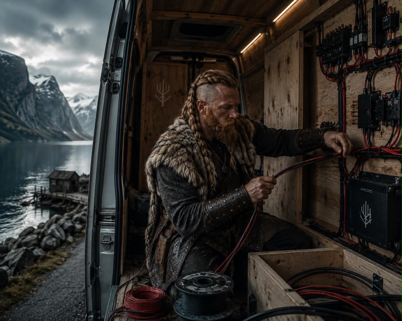 Vikingar som kopplar in solpanel och fritidsbatterier vid en fjord